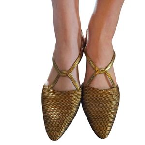 Paloma Size 8 Gold Metallic Heels with Crisscross Straps Made In Italy